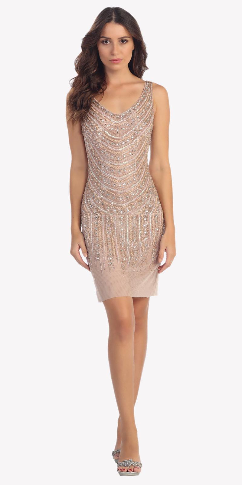 Beige Fully Beaded Cocktail Dress Scoop Neckline