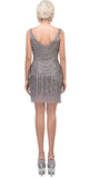 Silver Fully Beaded Cocktail Dress Scoop Neckline