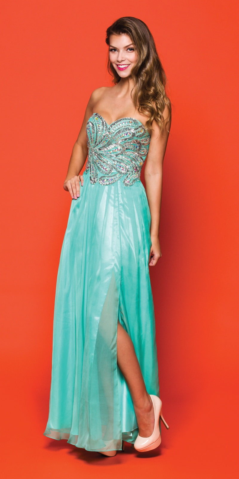 Juliet 548 Beaded Bodice Long Strapless Thigh Slit Jade Formal Gown