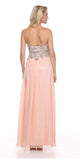 Beaded Bodice Long Strapless Thigh Slit Peach Formal Gown