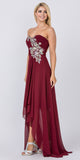 High Low Strapless A Line Ruched Bodice Burgundy Prom Dress