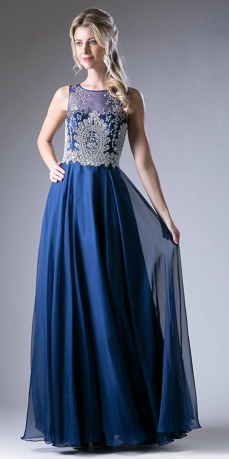 Cinderella Divine 56 Dark Royal Bateau Illusion Neckline Embellished Bodice Sleeveless Prom Gown