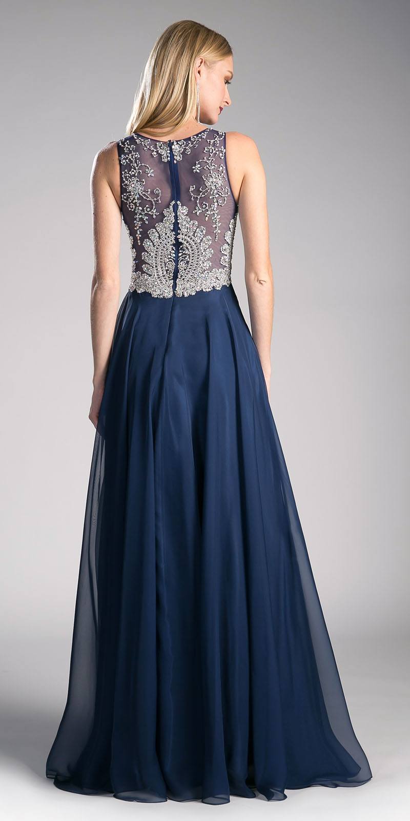 Cinderella Divine 56 Navy Blue Bateau Illusion Neckline Embellished Bodice Sleeveless Prom Gown Back View