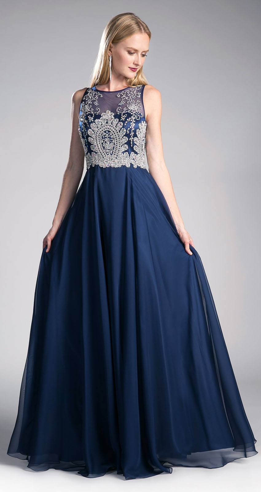 Cinderella Divine 56 Navy Blue Bateau Illusion Neckline Embellished Bodice Sleeveless Prom Gown