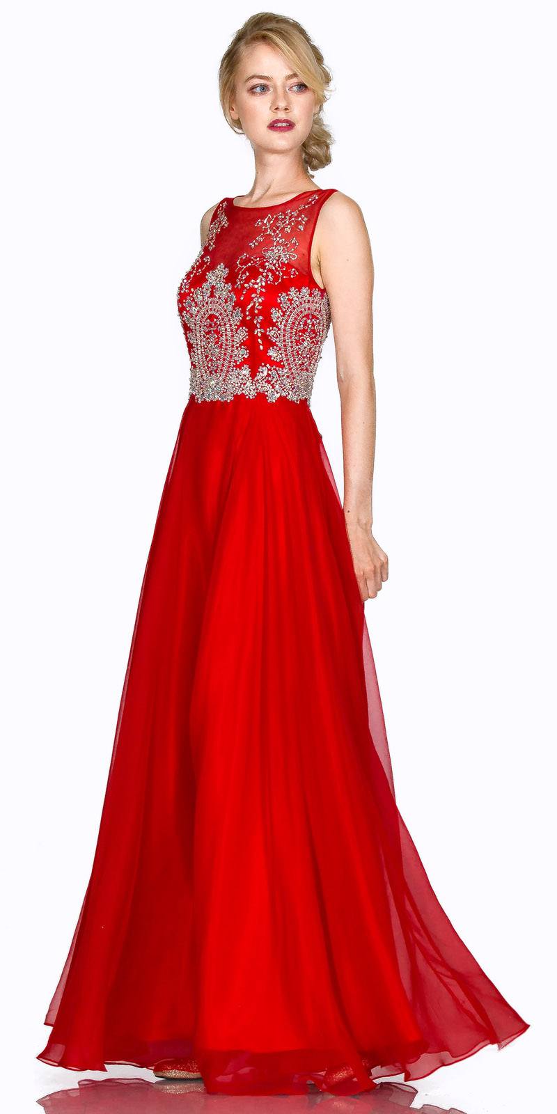 Cinderella Divine 56 Red Bateau Illusion Neckline Embellished Bodice Sleeveless Prom Gown