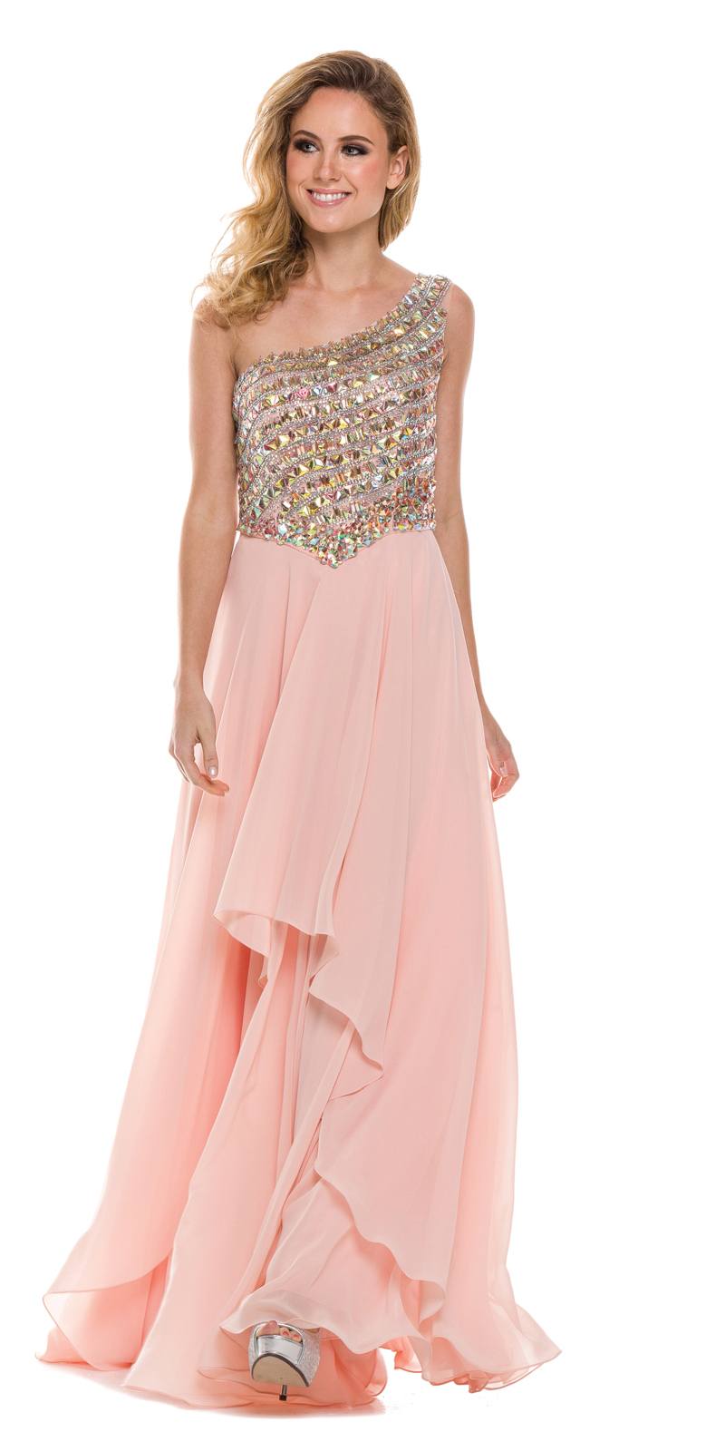 Juliet 570 One Shoulder Studded Bodice Peach Layered Long Party Dress