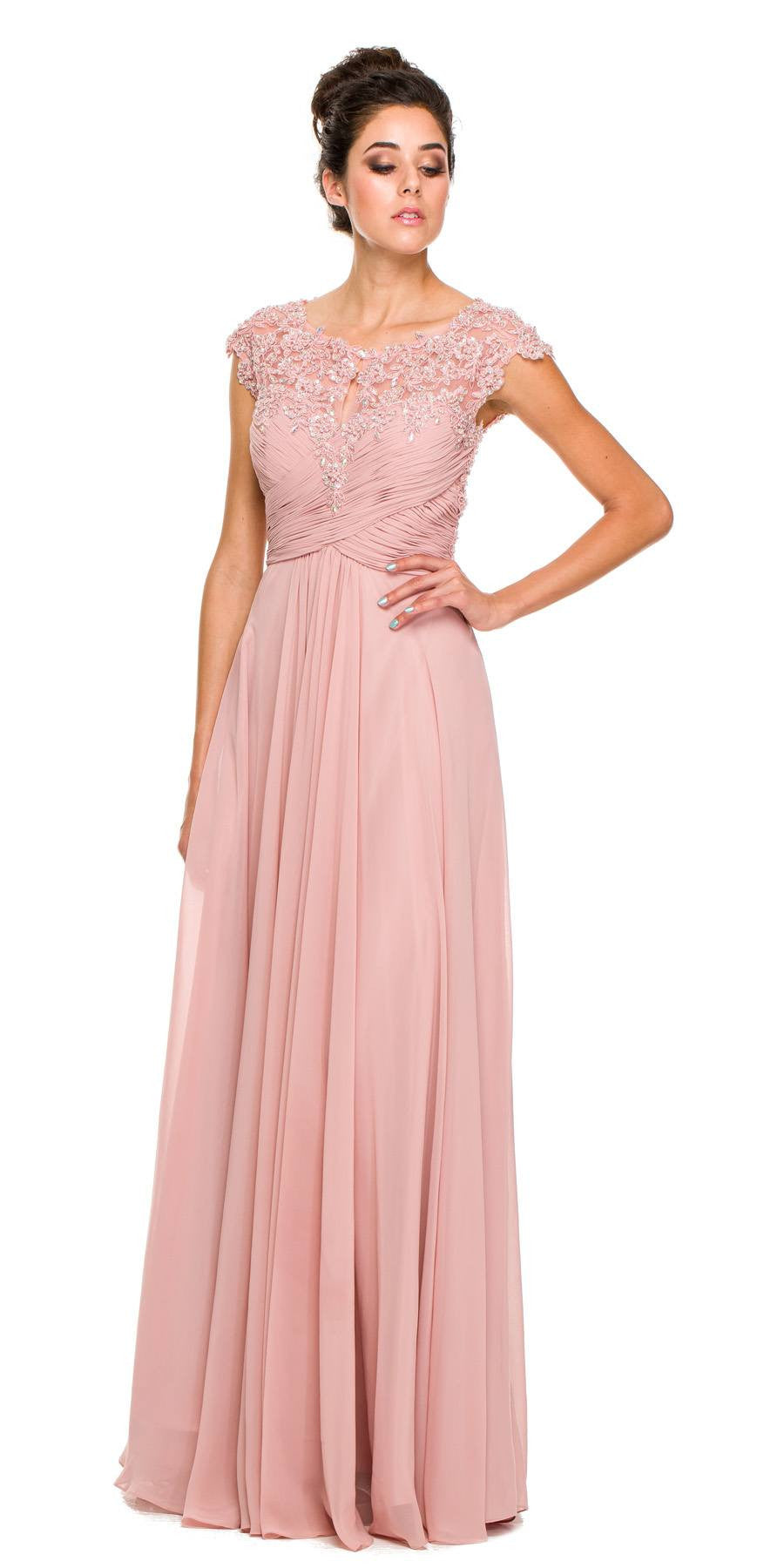 Plus Size Dusty Rose Formal Gown Cap Sleeve Empire Waist Full Length