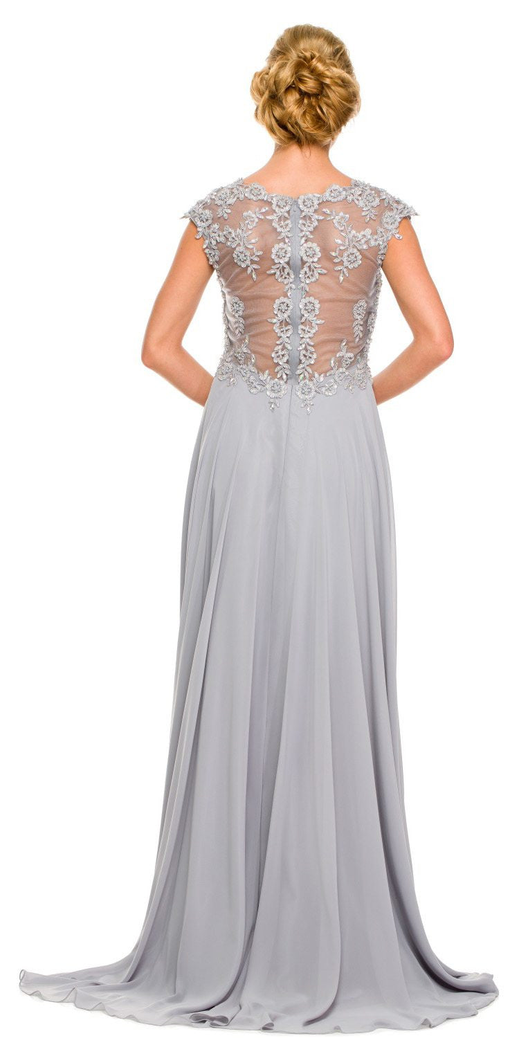 Plus Size Silver Formal Gown Cap Sleeve Empire Waist Full Length Back