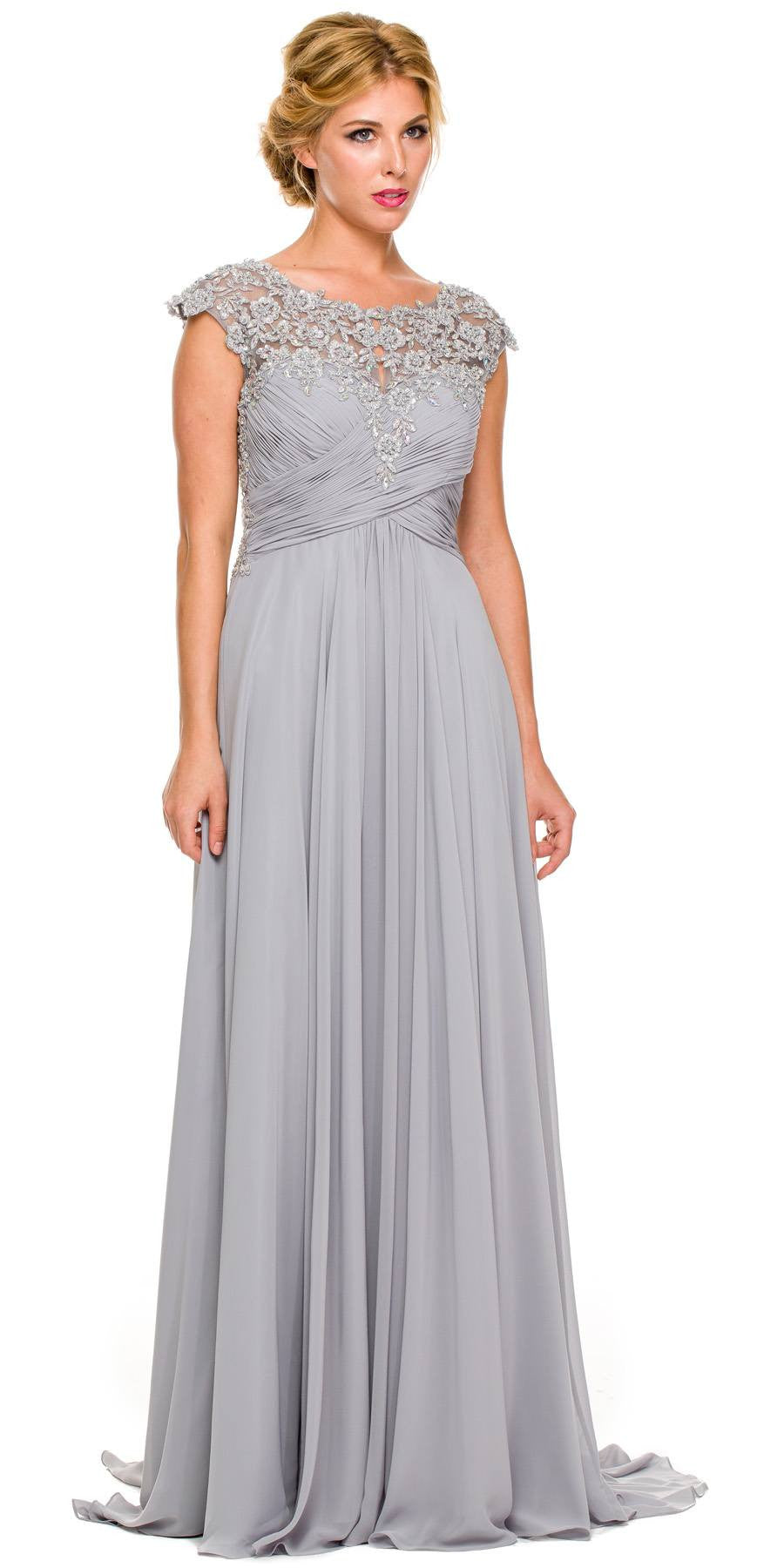 Plus Size Silver Formal Gown Cap Sleeve Empire Waist Full Length