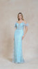Juliet 288 Long Off the Shoulder Feather Strap Fitted Glitter Print Gown