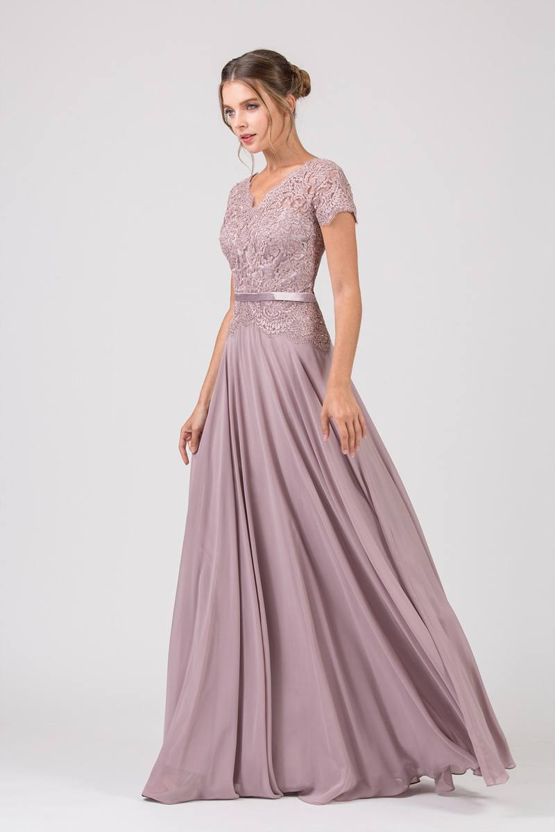Lace Bodice A-Line Long Formal Dress Short Sleeves Mocha