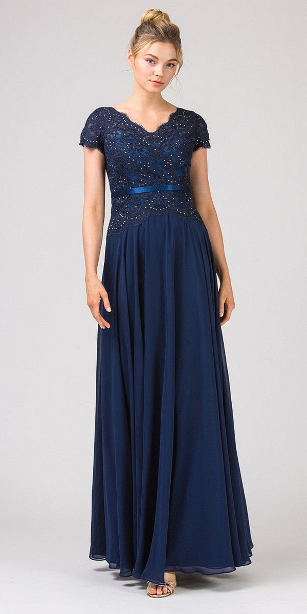 Lace Bodice A-Line Long Formal Dress Short Sleeves Navy Blue