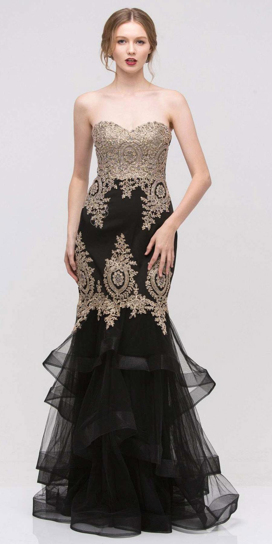 Eureka Fashion 6009 Strapless Embroidered Prom Gown Layered Skirt Sweetheart Neck Black