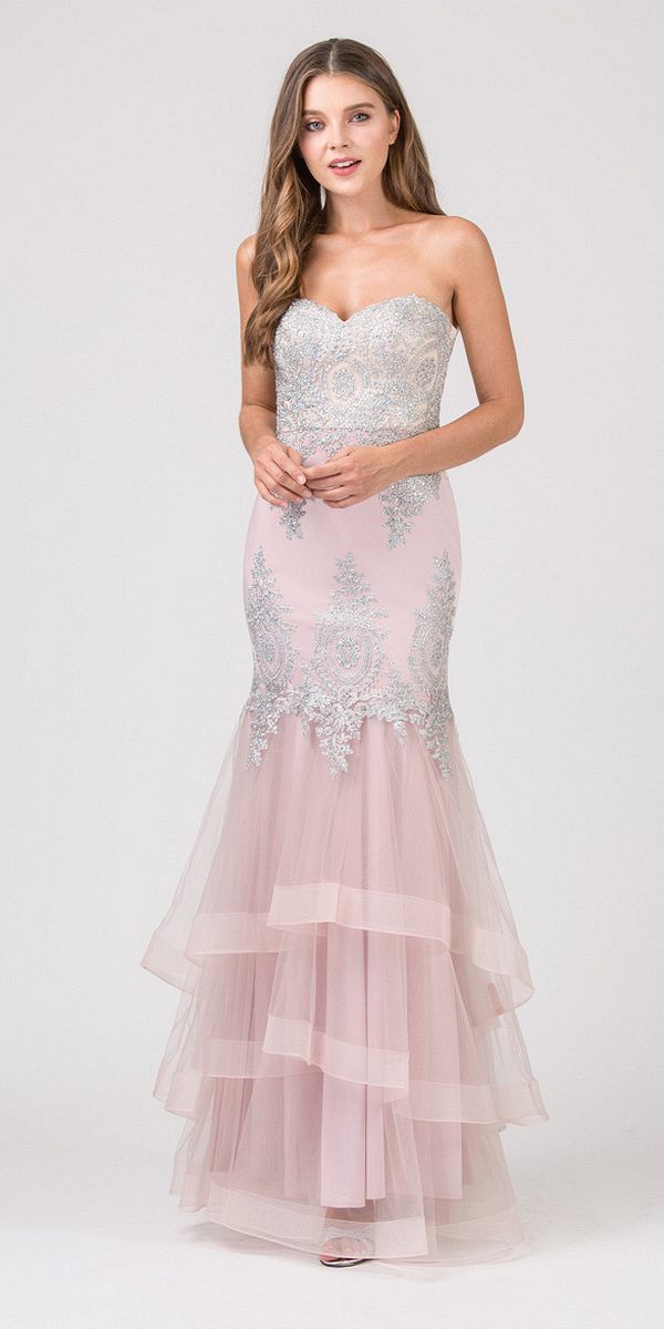 Eureka Fashion 6009 Strapless Embroidered Prom Gown Layered Skirt Sweetheart Neck Blush/Silver