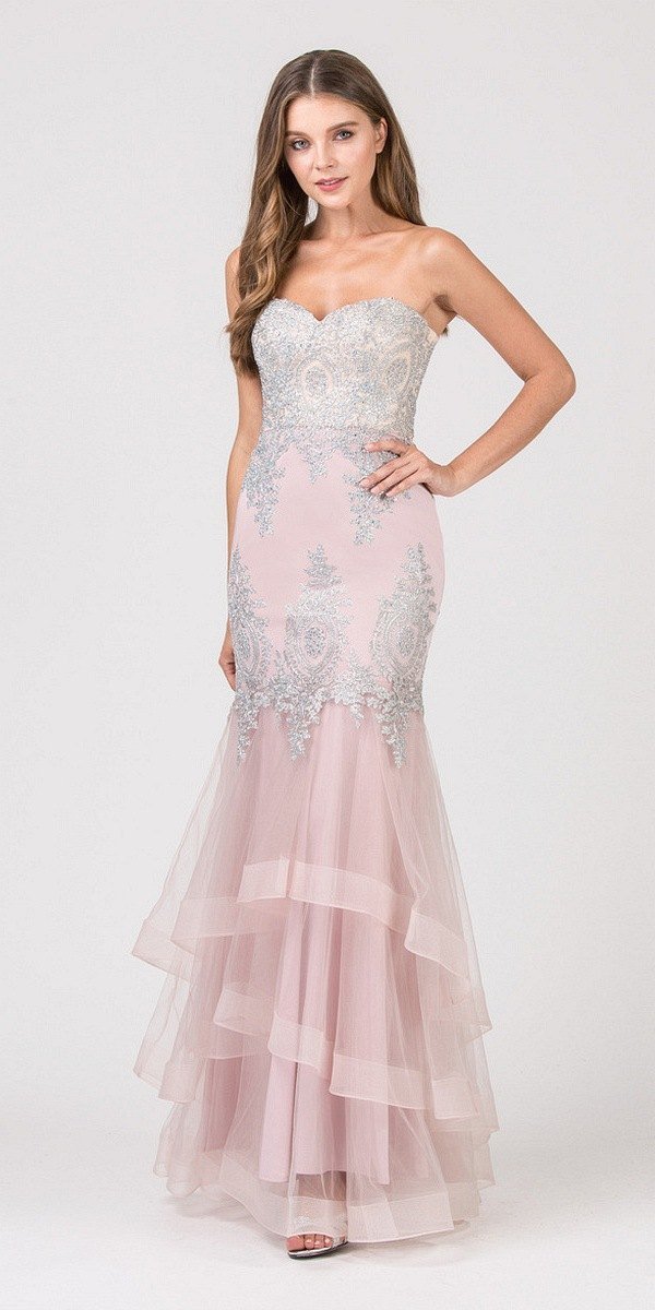 Eureka Fashion 6009 Strapless Embroidered Prom Gown Layered Skirt Sweetheart Neck Blush/Silver