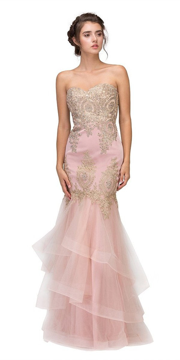 Eureka Fashion 6009 Strapless Embroidered Prom Gown Layered Skirt Sweetheart Neck Blush