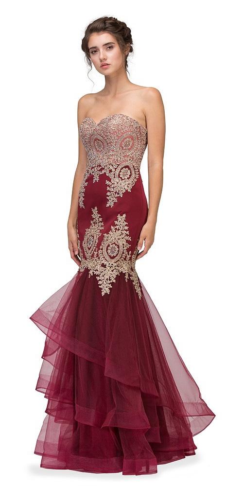 Eureka Fashion 6009 Strapless Embroidered Prom Gown Layered Skirt Sweetheart Neck Burgundy