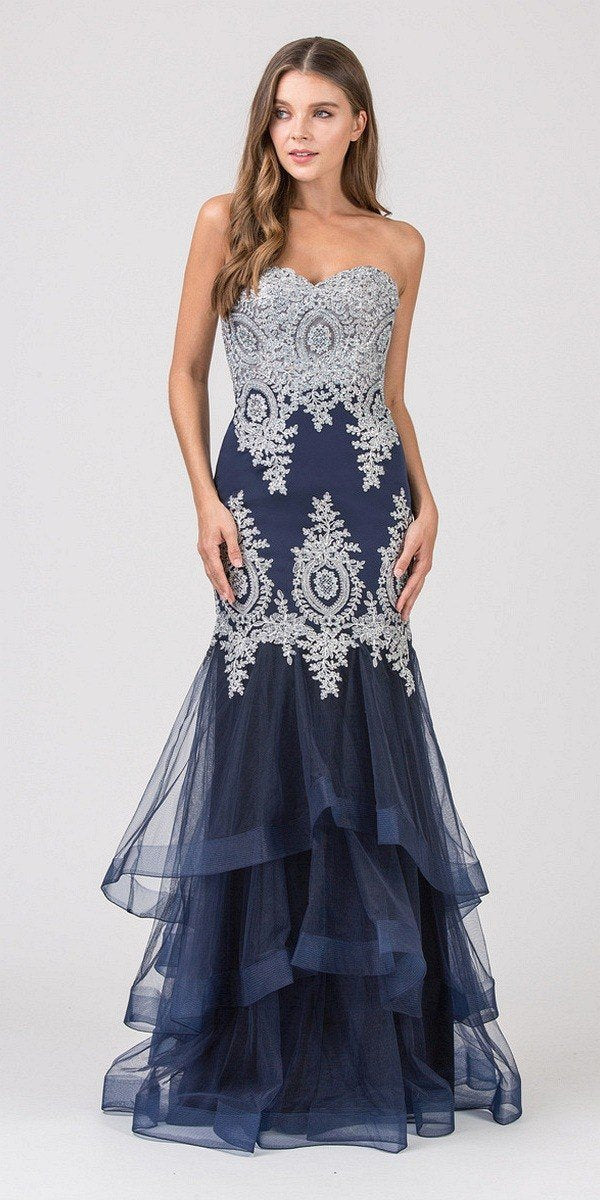 Eureka Fashion 6009 Strapless Embroidered Prom Gown Layered Skirt Sweetheart Neck Navy Blue/Silver