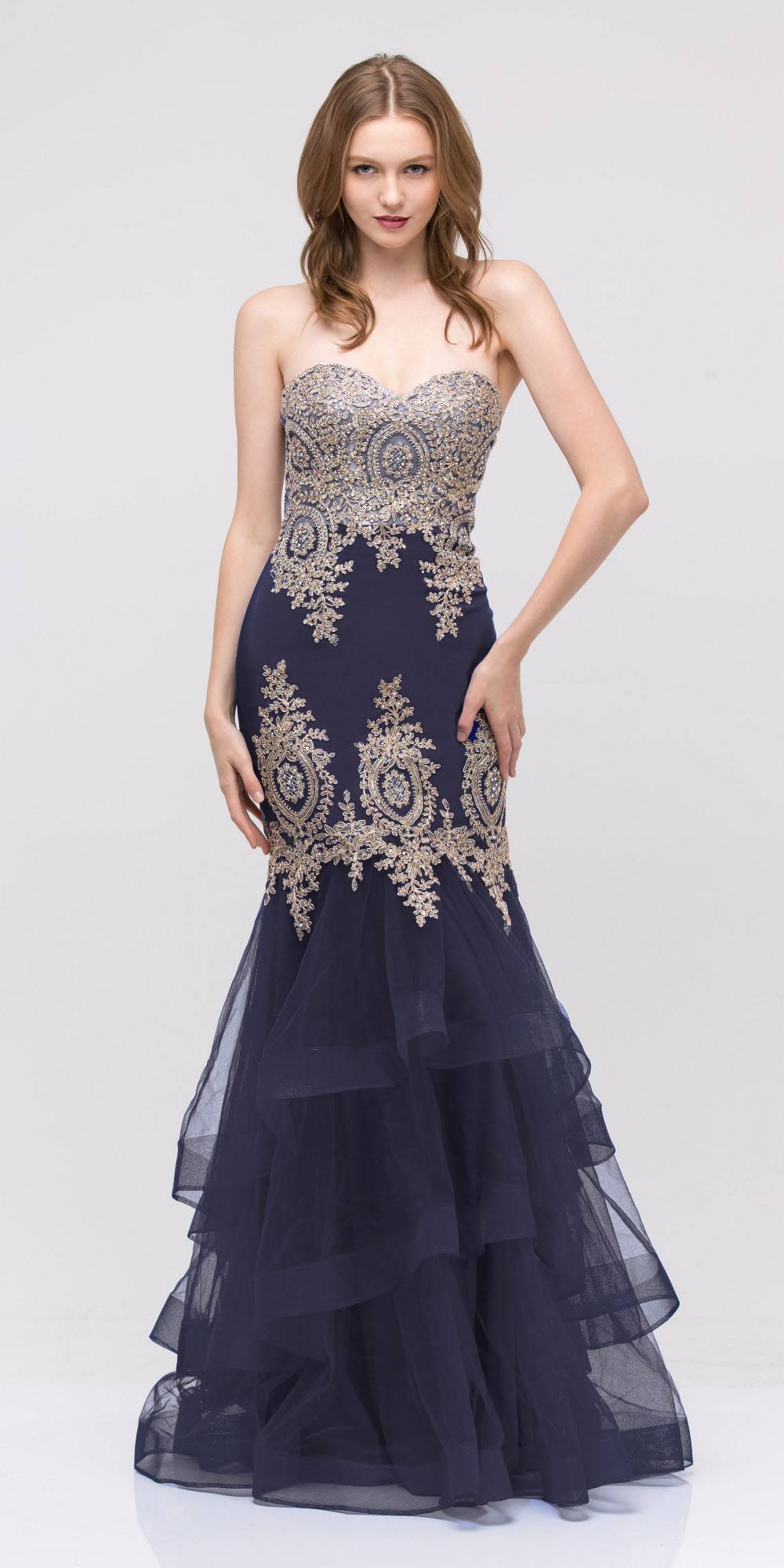 Eureka Fashion 6009 Strapless Embroidered Prom Gown Layered Skirt Sweetheart Neck Navy Blue