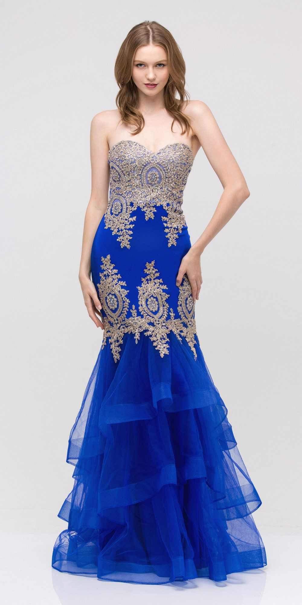 Eureka Fashion 6009 Strapless Embroidered Prom Gown Layered Skirt Sweetheart Neck Royal Blue