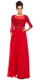 3/4 Length Sleeve Red Formal Gown Illusion Neck Embroidery