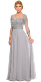 3/4 Length Sleeve Silver Formal Gown Illusion Neck Embroidery