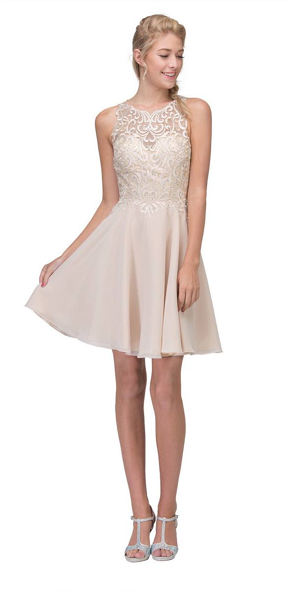 Lace Appliqued A-Line Homecoming Short Dress Champagne