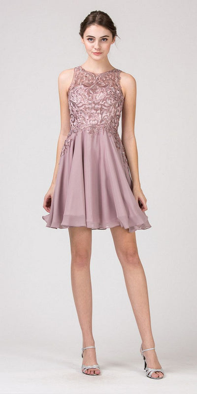 Lace Appliqued A-Line Homecoming Short Dress Mocha