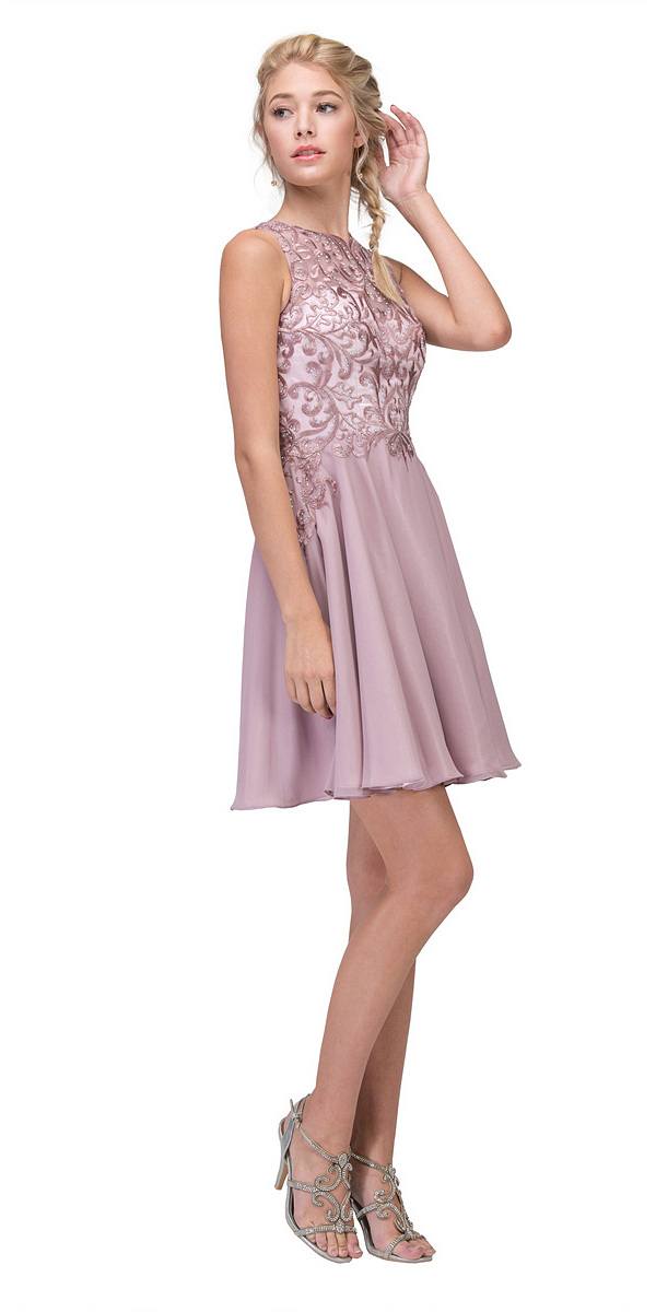 Lace Appliqued A-Line Homecoming Short Dress Mocha