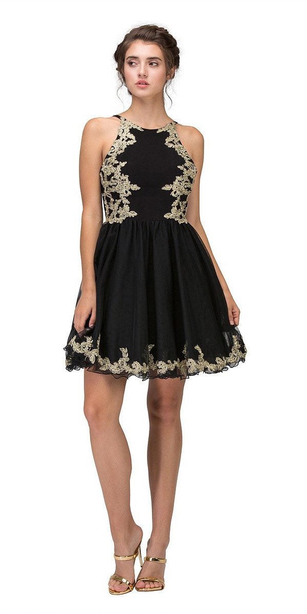 Eureka Fashion 6026 Black Homecoming Short Dress with Gold Appliques