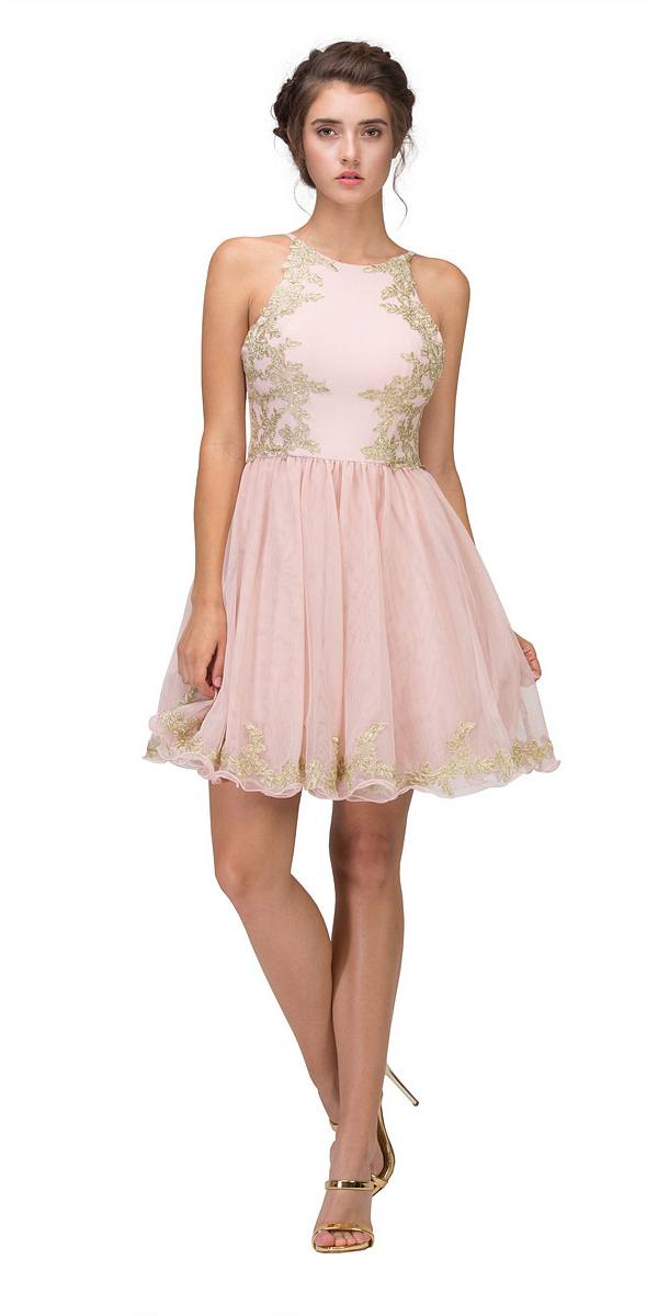 Blush Homecoming Short Dress with Gold Appliques