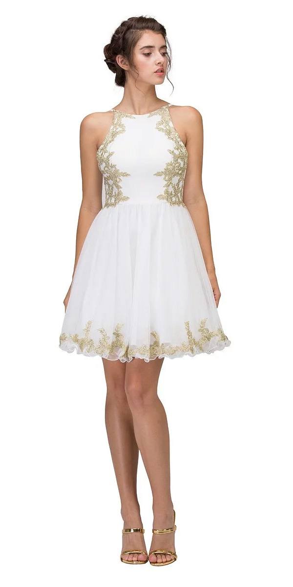 Eureka Fashion 6026 Ivory Homecoming Short Dress with Gold Appliques