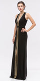 Black/Gold Plunging Neck Sleeveless Fit and Flare Evening Gown
