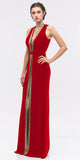 Red/Gold Plunging Neck Sleeveless Fit and Flare Evening Gown