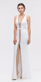 Off White/Gold Plunging Neck Sleeveless Fit and Flare Evening Gown
