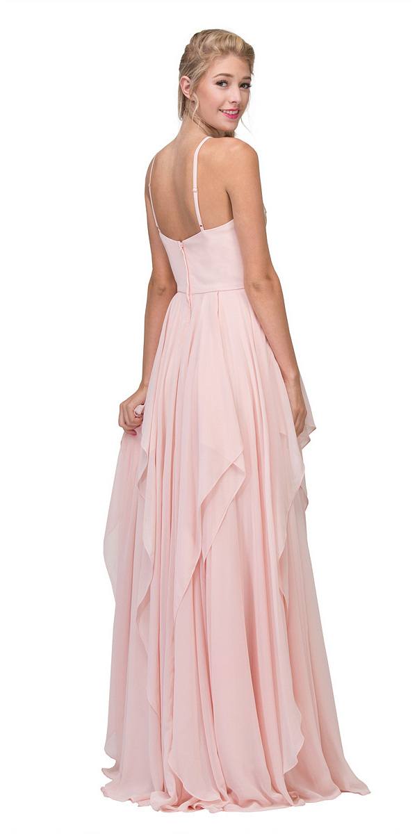 A-line Tiered Long Prom Dress Appliqued Bodice Blush