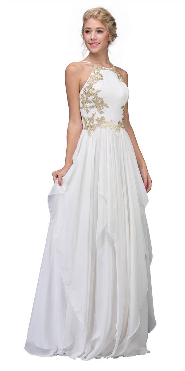 A-line Tiered Long Prom Dress Appliqued Bodice Off White