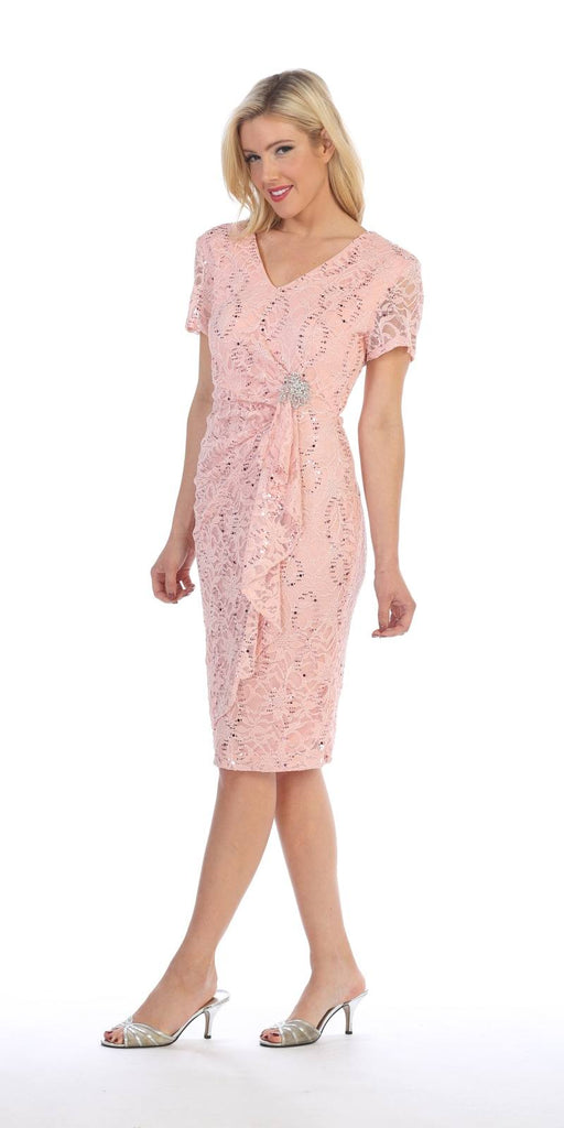 Celavie 6412 Quarter Sleeved Short Formal Dress with Brooch
