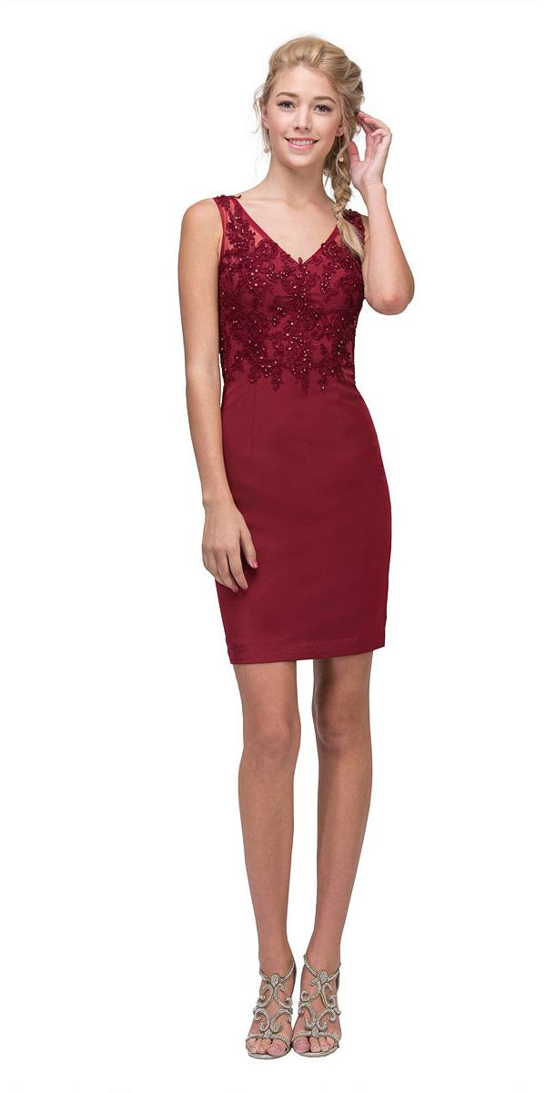Burgundy Short Party Dress with Lace Appliques