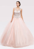 Blush Beaded Bodice Quinceanera Dress with Lace Up Cut-Out Back