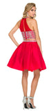 Two-Piece Prom Dress Short Beaded Top Grecian Neckline Red