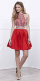 Two-Piece Prom Dress Short Beaded Top Grecian Neckline Red