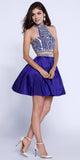 Two-Piece Prom Dress Short Beaded Top Grecian Neckline Royal Blue