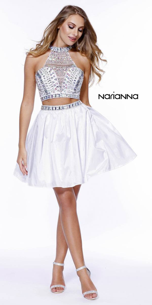 Two-Piece Prom Dress Short Beaded Top Grecian Neckline White