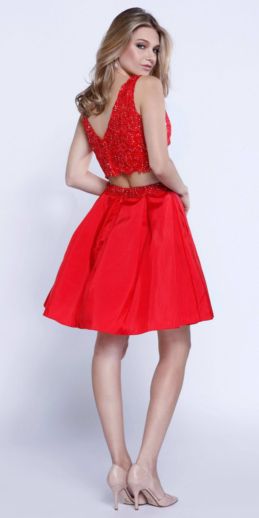 V-Shape Back Applique Crop Top Two-Piece Homecoming Short Dress Red