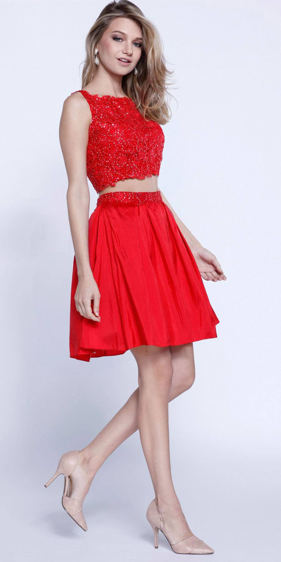 V-Shape Back Applique Crop Top Two-Piece Homecoming Short Dress Red
