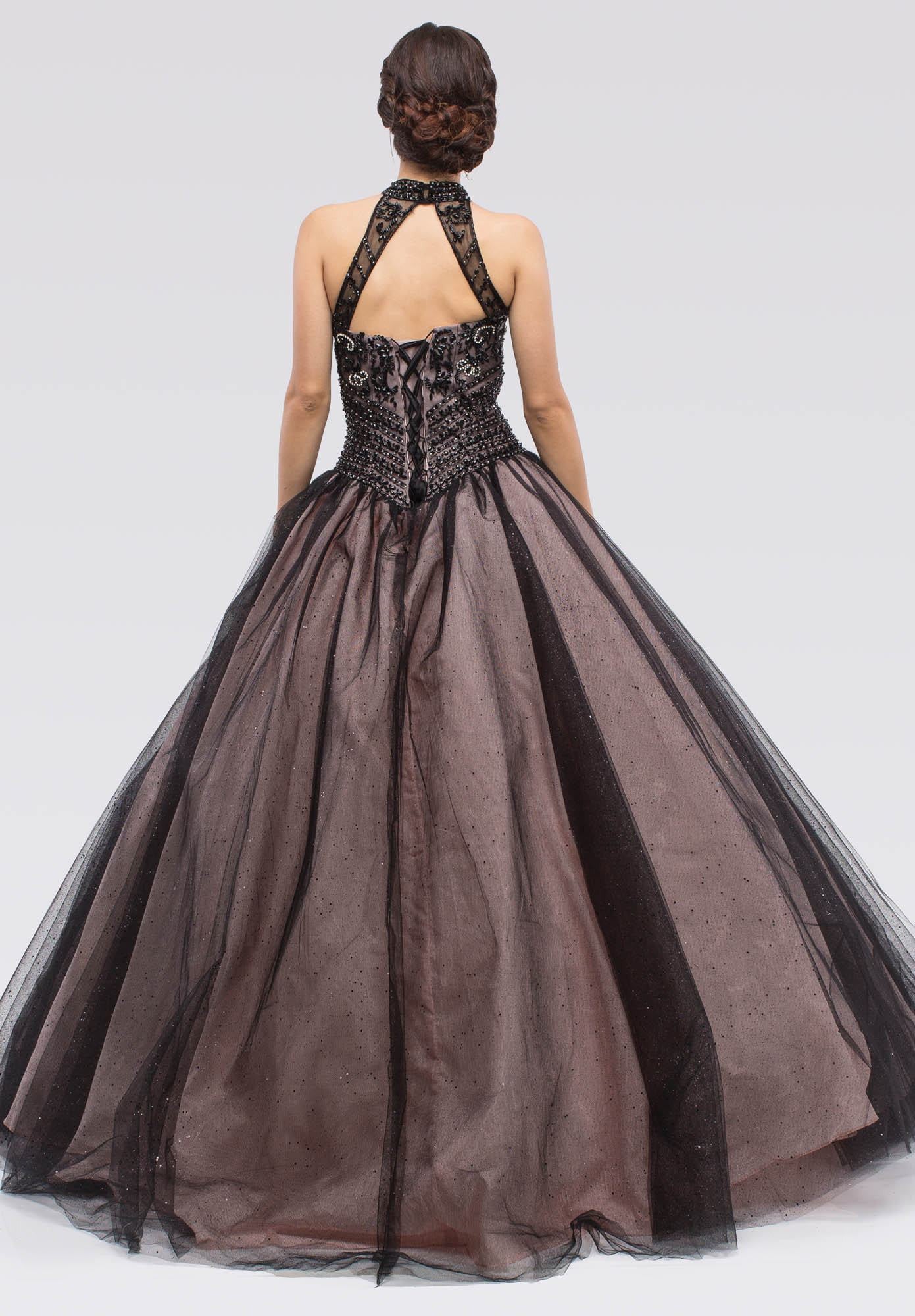 Black/Blush Embellished Bodice Close Neckline Halter Quinceanera Dress
