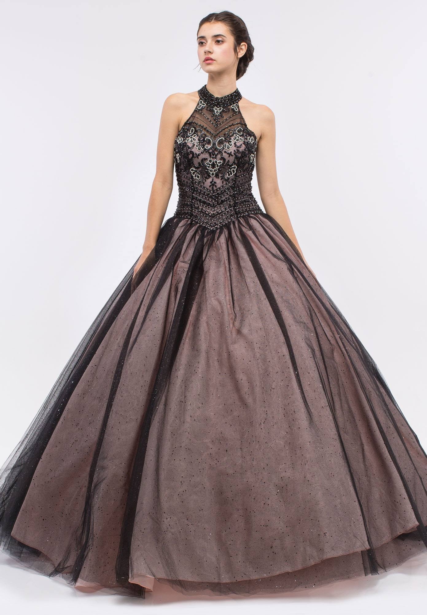 Black/Blush Embellished Bodice Close Neckline Halter Quinceanera Dress