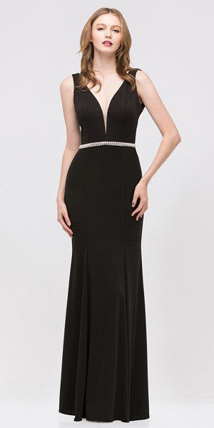 Fit and Flare Formal Black Evening Gown Deep V Neckline