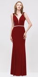 Fit and Flare Formal Burgundy Evening Gown Deep V Neckline